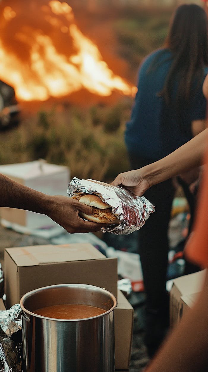 approach-img Firefighters handing out sandwiches and soup amidst a blaze in Porto, Portugal, highlighting community aid.
